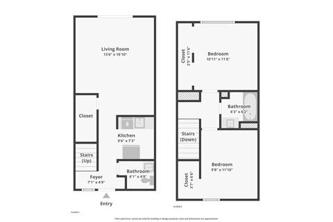 Floor plan for 2 beds, 1.5 baths, 840 sqft